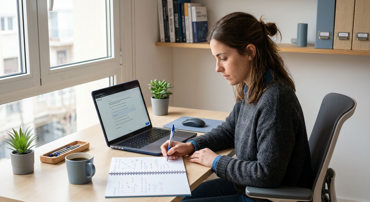 featured-fc518a3c3ab9402fcb6ce45f2d837da5 Professional studying Google Ads certification at a clean modern desk with laptop and study materials