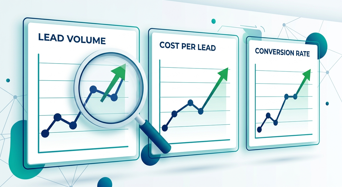 Infographic of a performance dashboard with three panels showing lead volume, cost per lead, and conversion rate trends, including upward green arrows and a magnifying glass icon.